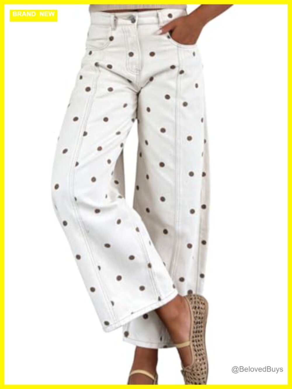 Wide Leg Barrel Jeans Mid Rise Ankle Denim Pants Polka Dot Cotton